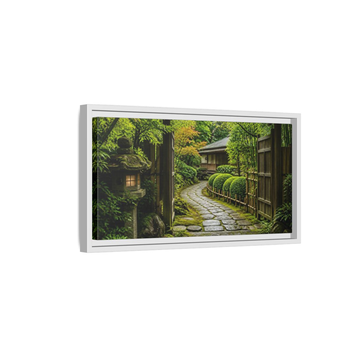 Side Mockup 6. Japanese Mossy Stone Path shown as framed canvas print