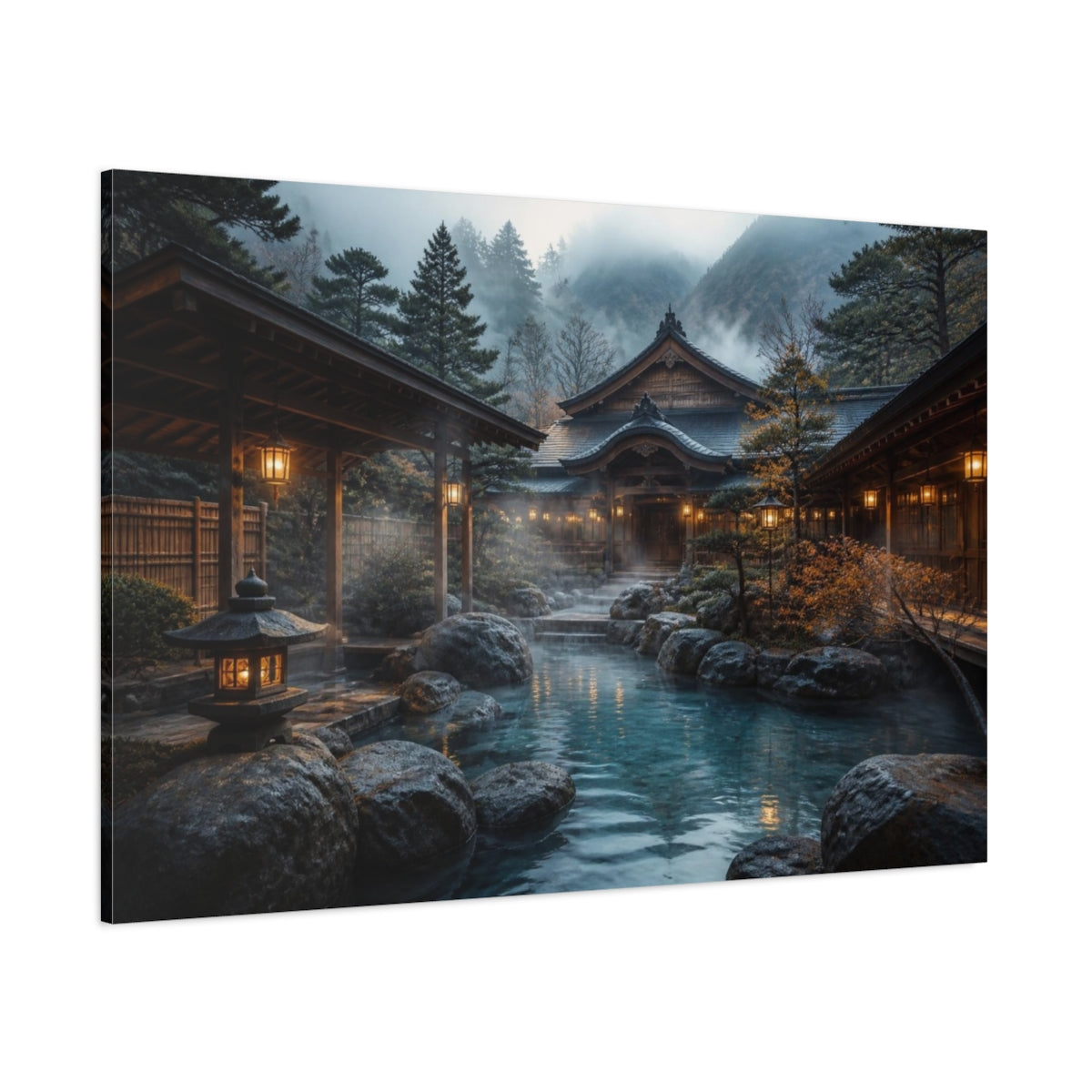 Side Mockup 1. Japanese Onsen Courtyard shown as canvas print