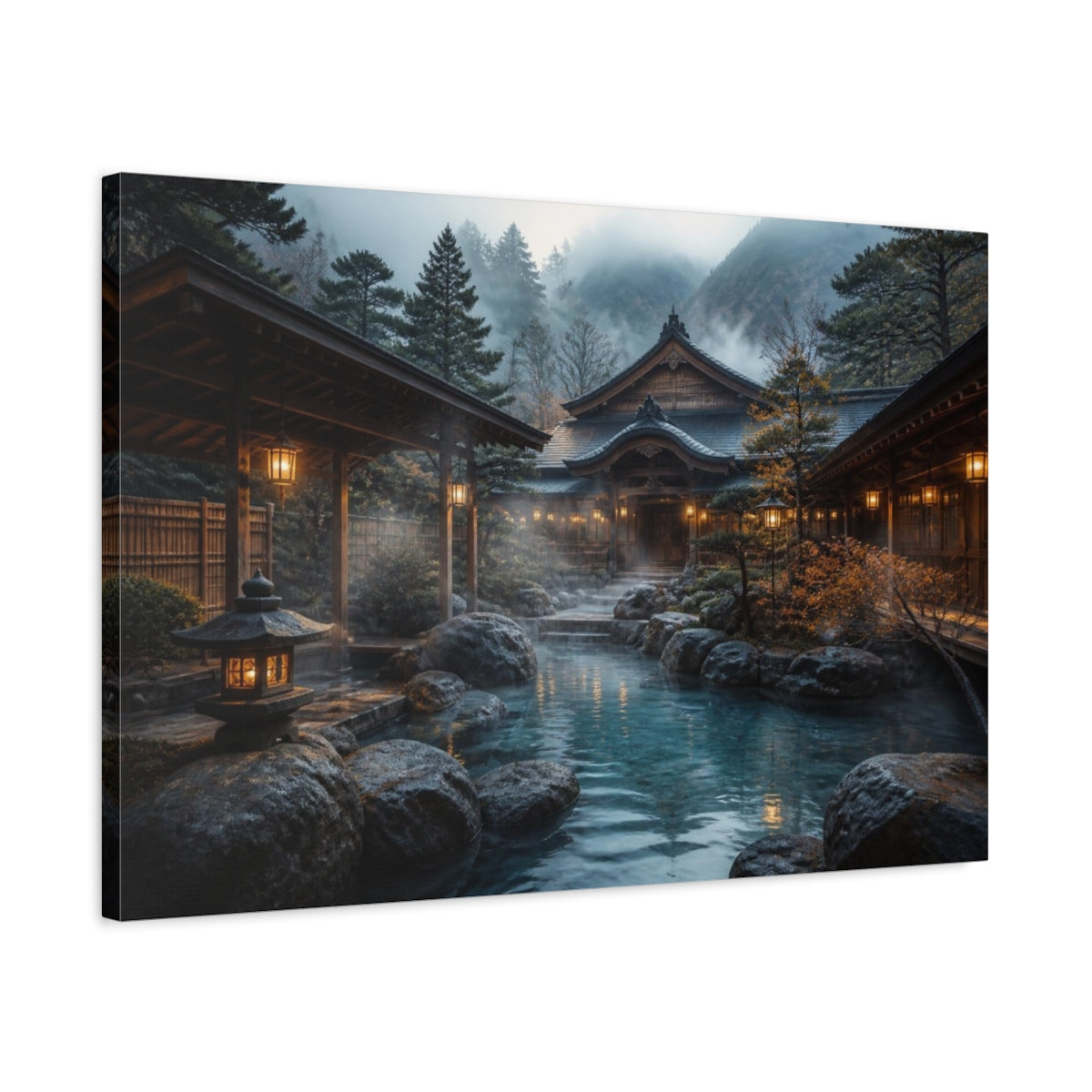 Side Mockup 2. Japanese Onsen Courtyard shown as canvas print