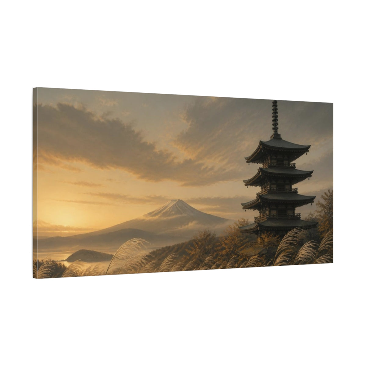 Main Mockup. Japanese Pagoda At Dusk shown as canvas print