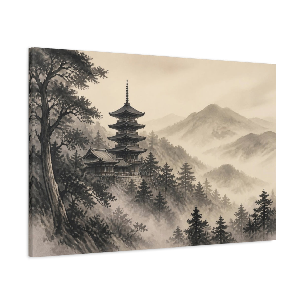 Main Mockup. Japanese Pagoda In Mist shown as canvas print
