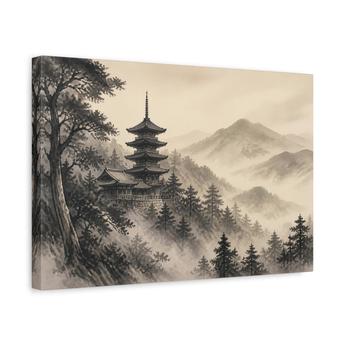 Side Mockup 4. Japanese Pagoda In Mist shown as canvas print
