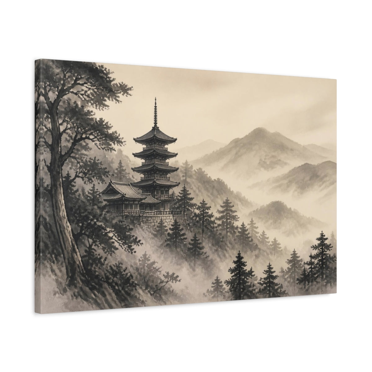 Side Mockup 2. Japanese Pagoda In Mist shown as canvas print