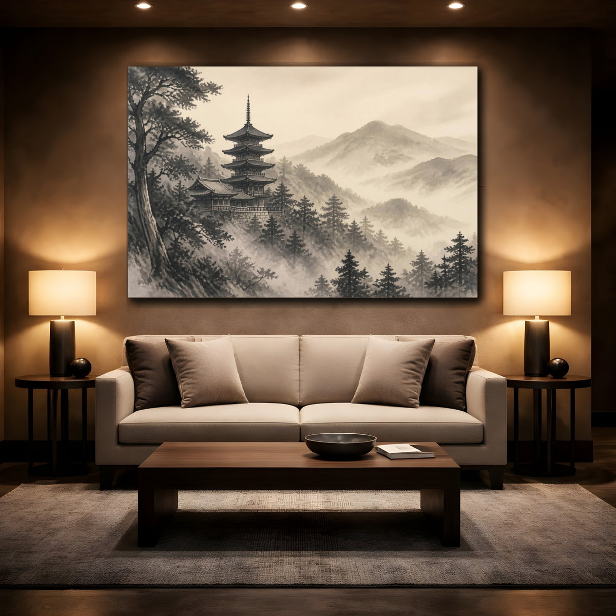 Mockup 2. Japanese Pagoda In Mist shown as canvas print