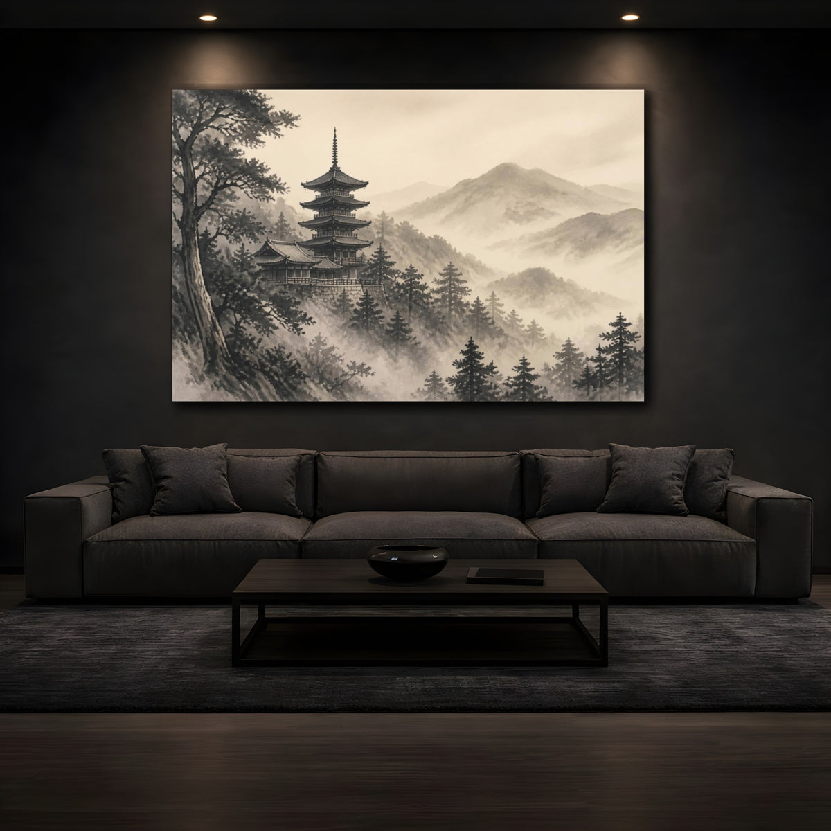 Mockup 3. Japanese Pagoda In Mist shown as canvas print