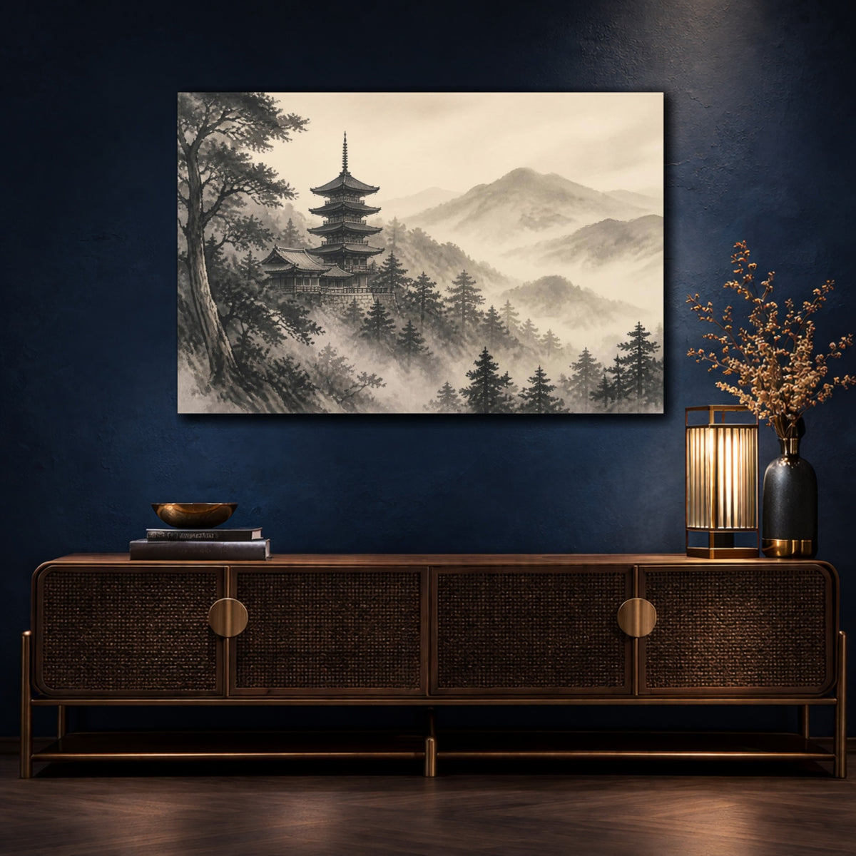Mockup 4. Japanese Pagoda In Mist shown as canvas print