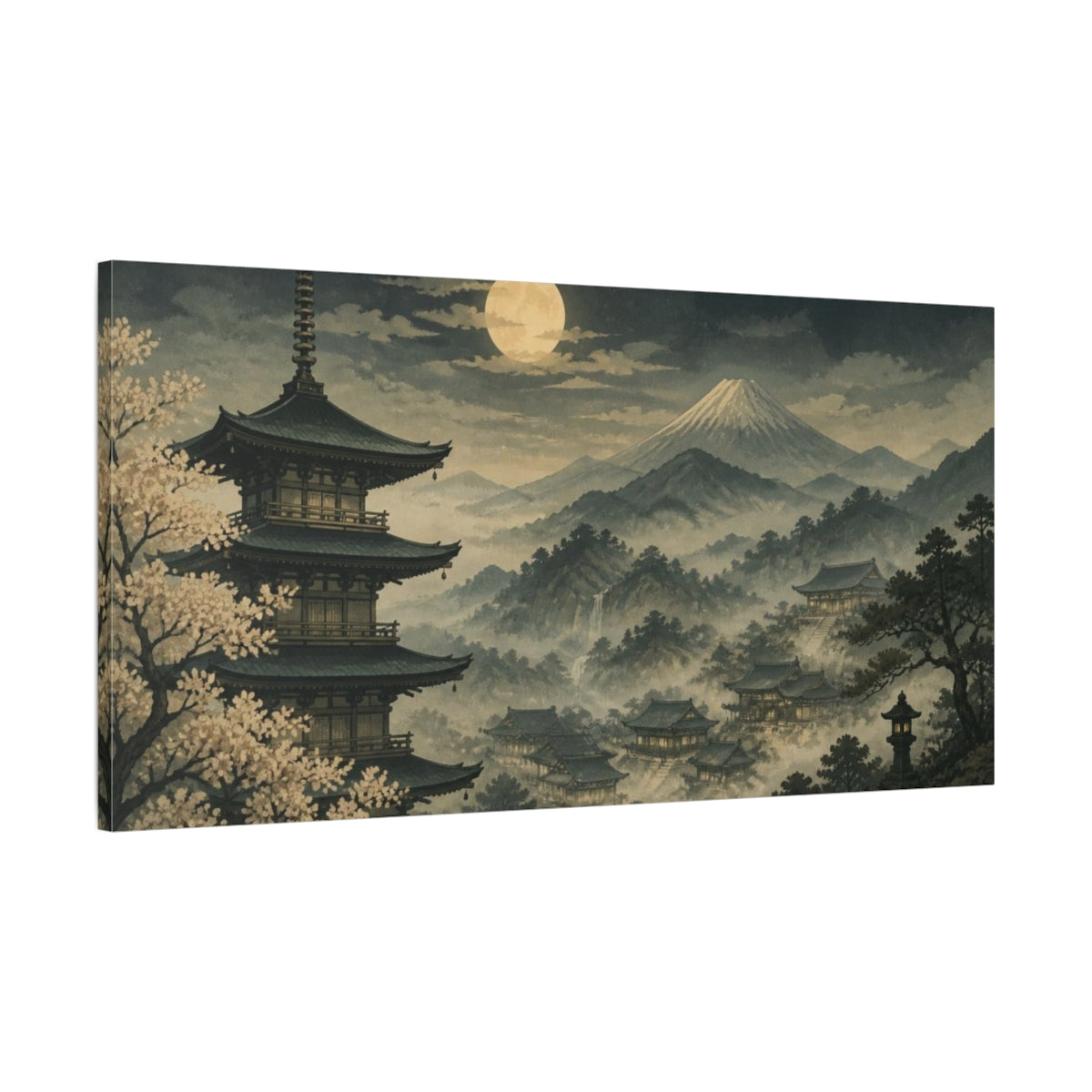 Main Mockup. Japanese Pagoda Moonlit Valley shown as canvas print