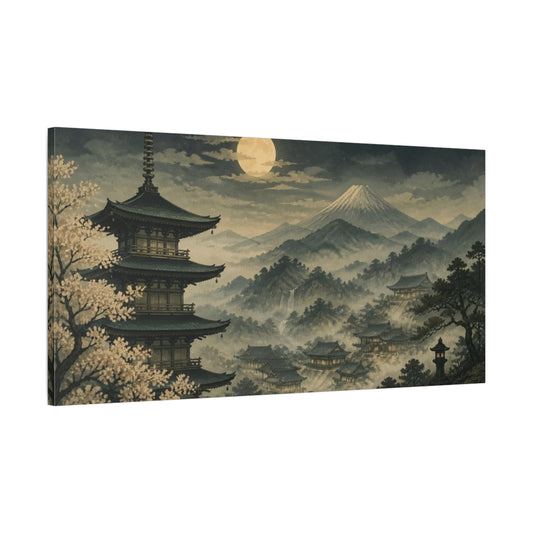 Main Mockup. Japanese Pagoda Moonlit Valley shown as canvas print