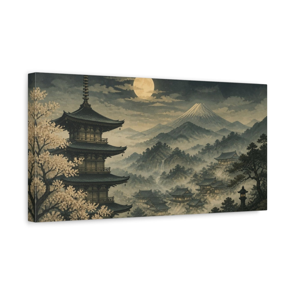 Side Mockup 3. Japanese Pagoda Moonlit Valley shown as canvas print