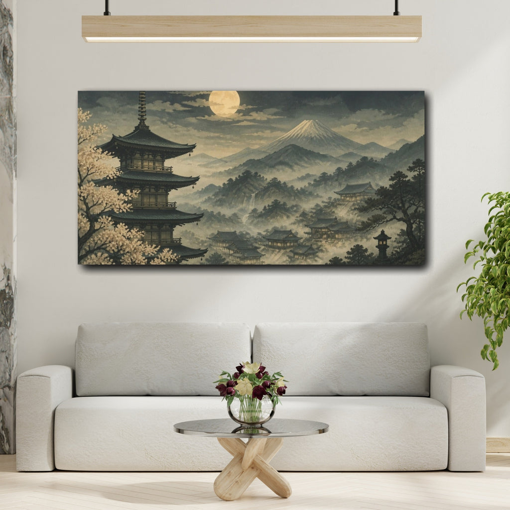 Mockup 2. Japanese Pagoda Moonlit Valley shown as canvas print