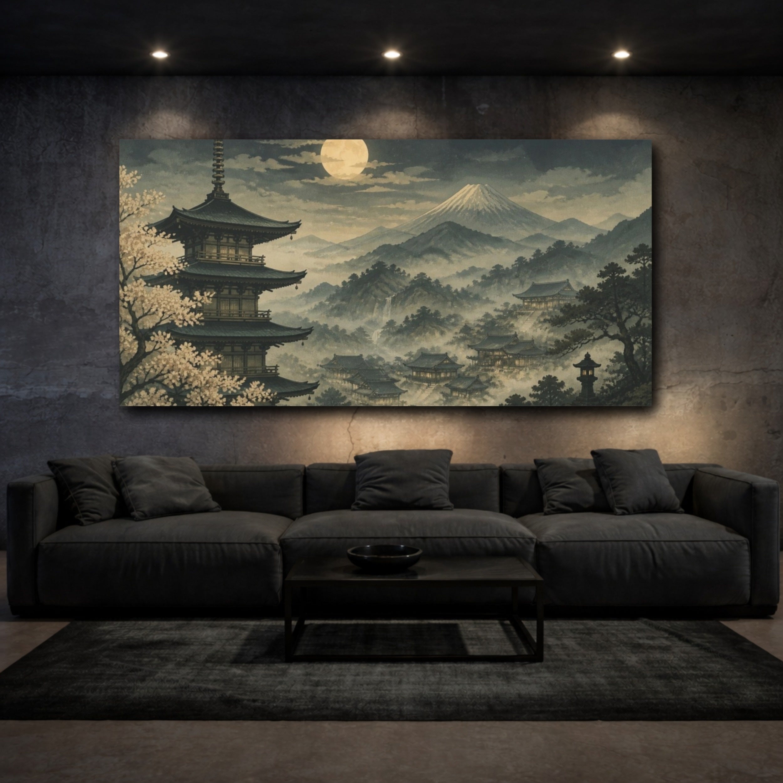 Mockup 3. Japanese Pagoda Moonlit Valley shown as canvas print