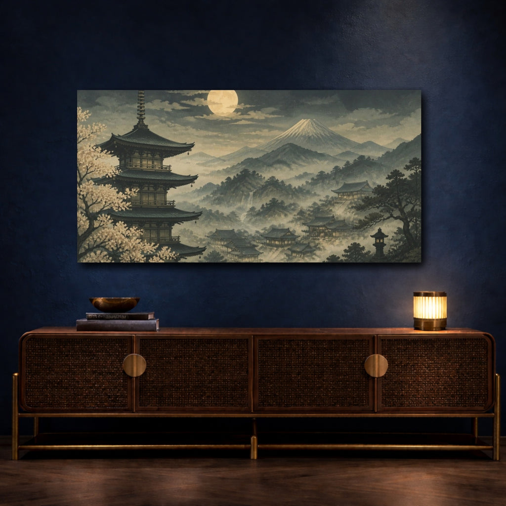 Mockup 4. Japanese Pagoda Moonlit Valley shown as canvas print