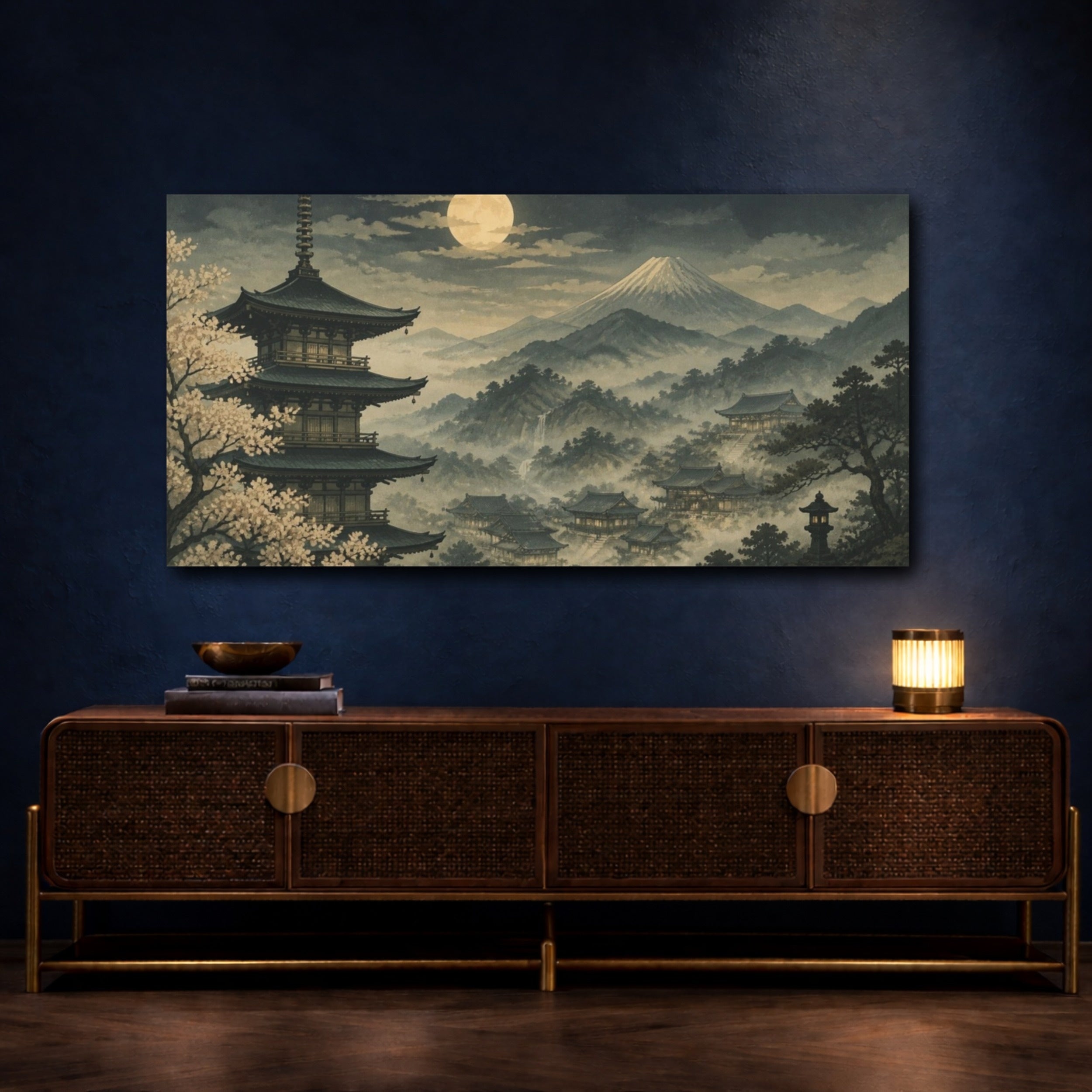 Mockup 4. Japanese Pagoda Moonlit Valley shown as canvas print