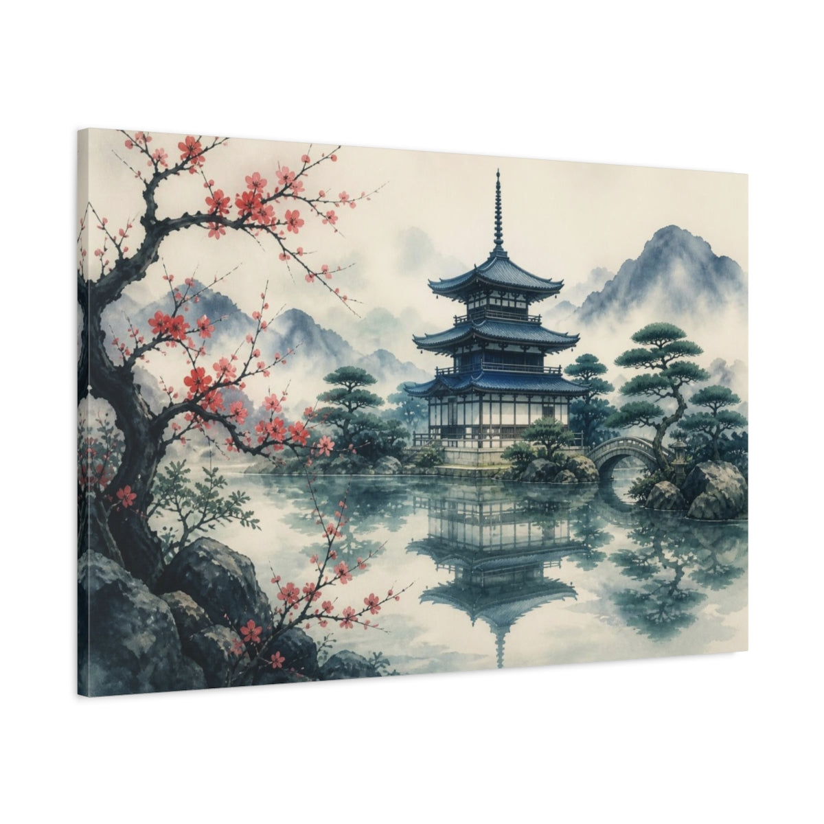 Main Mockup. Japanese Pagoda Reflection shown as canvas print