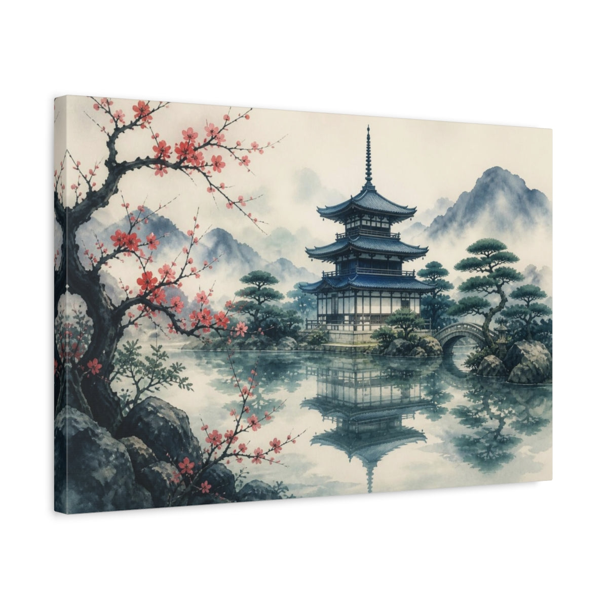 Side Mockup 3. Japanese Pagoda Reflection shown as canvas print