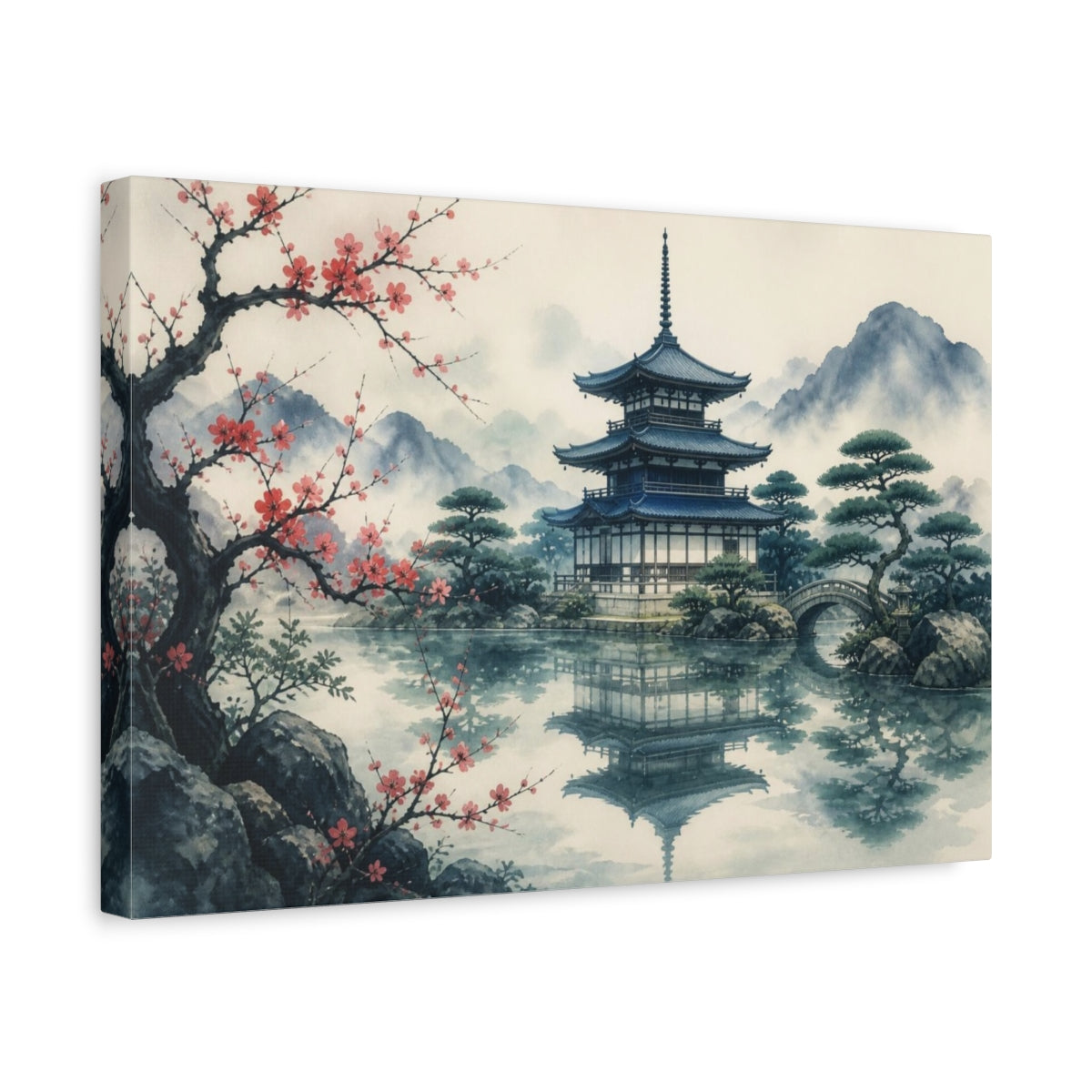 Side Mockup 4. Japanese Pagoda Reflection shown as canvas print