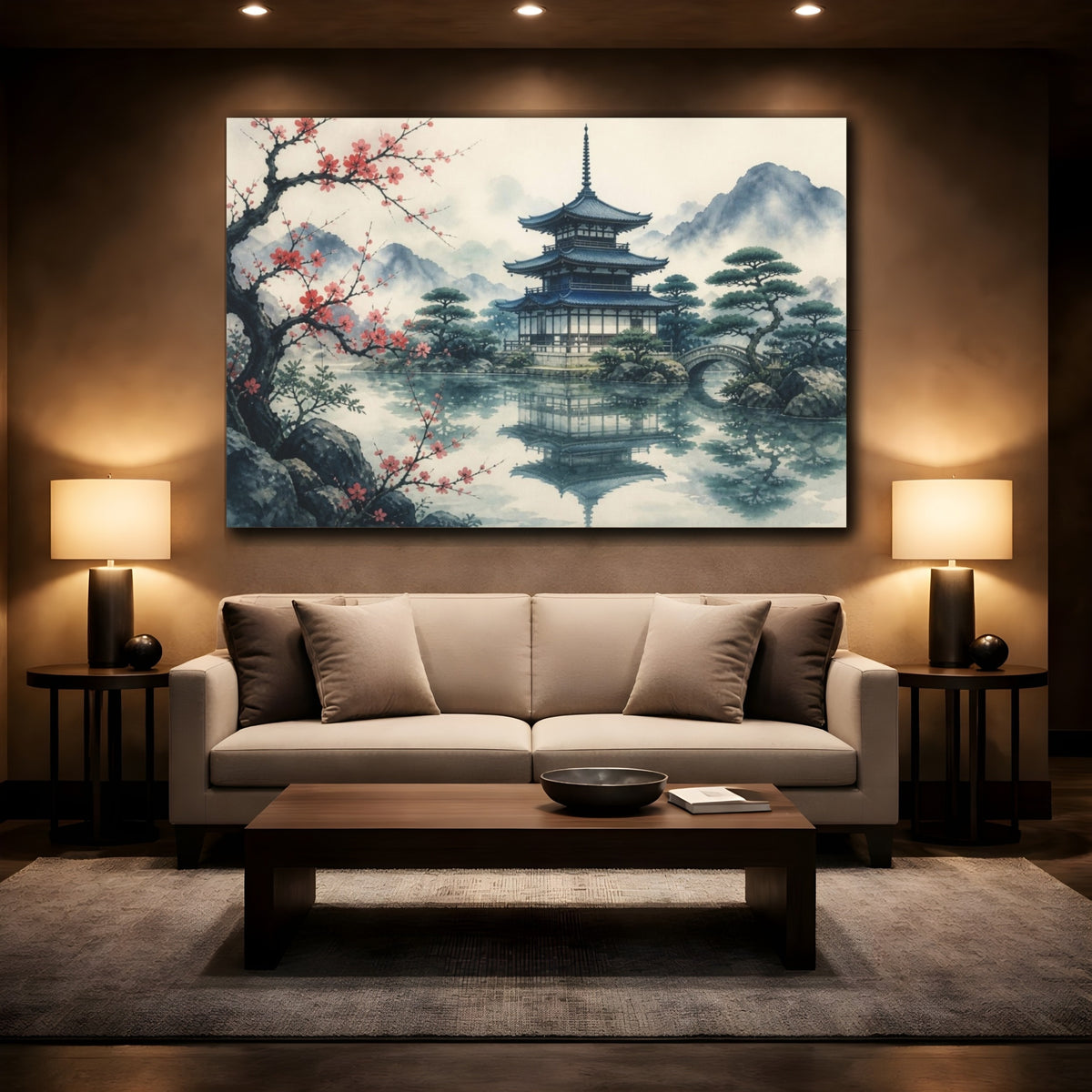 Mockup 2. Japanese Pagoda Reflection shown as canvas print