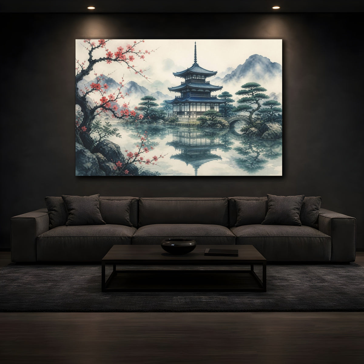 Mockup 3. Japanese Pagoda Reflection shown as canvas print