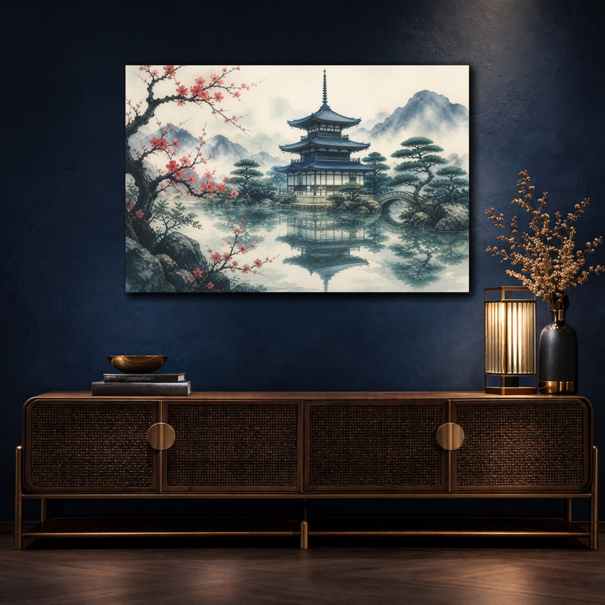 Mockup 4. Japanese Pagoda Reflection shown as canvas print