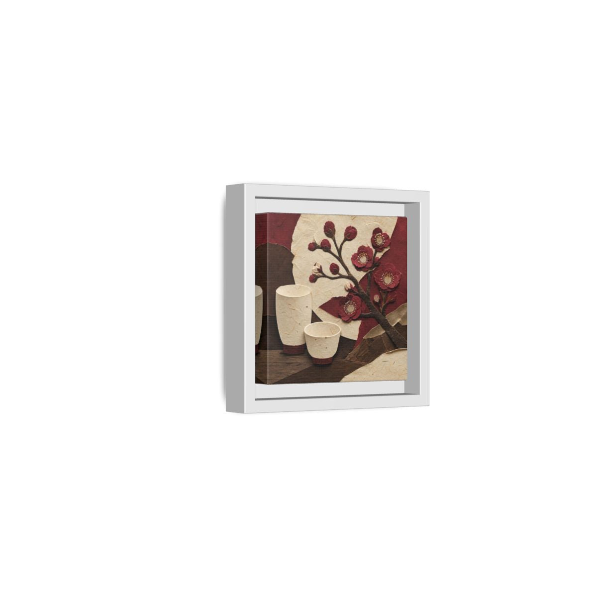 Side Mockup 22. Japanese Quince And Sake shown as framed canvas print