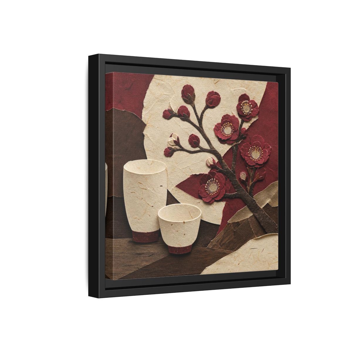 Side Mockup 18. Japanese Quince And Sake shown as framed canvas print