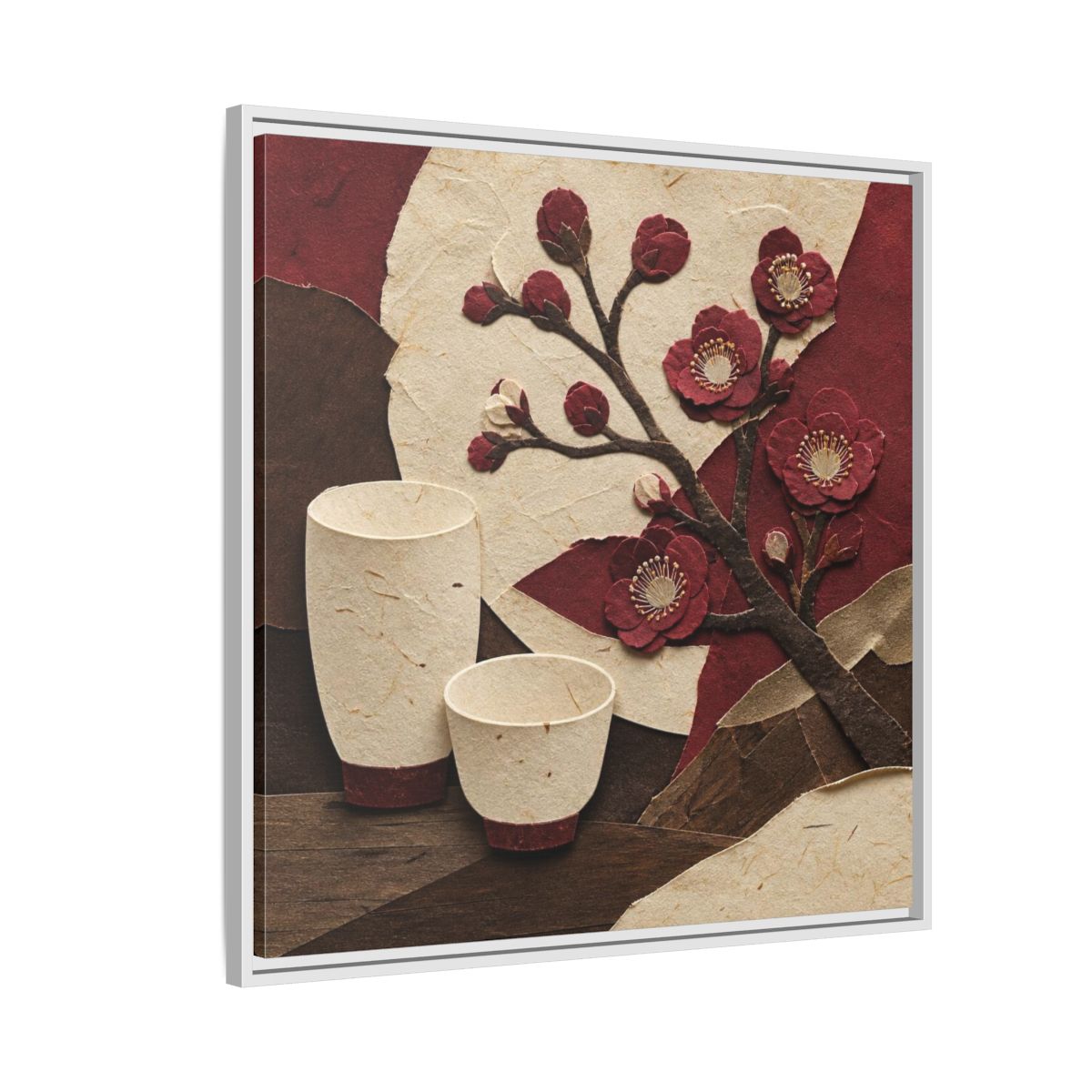 Side Mockup 7. Japanese Quince And Sake shown as framed canvas print
