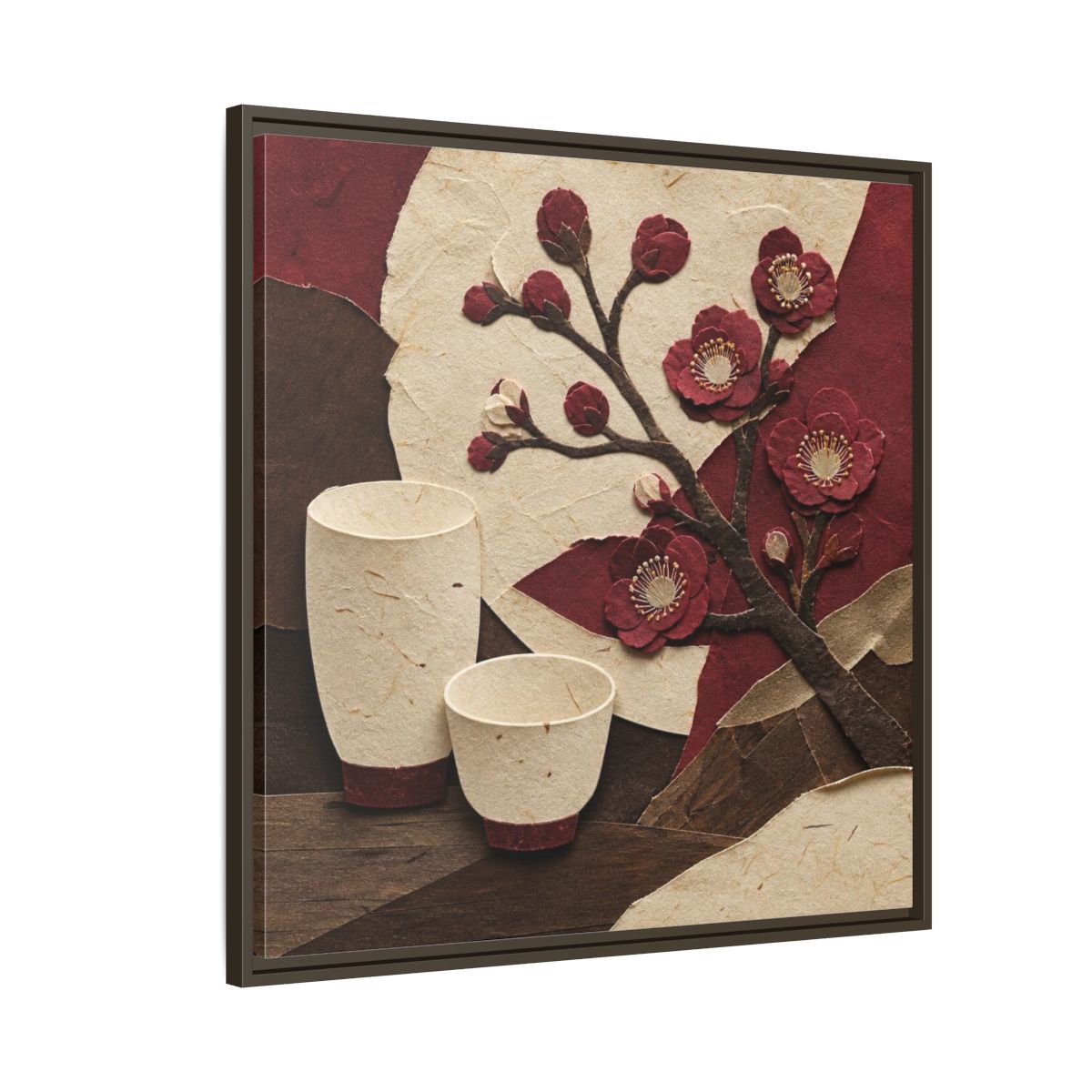 Side Mockup 8. Japanese Quince And Sake shown as framed canvas print
