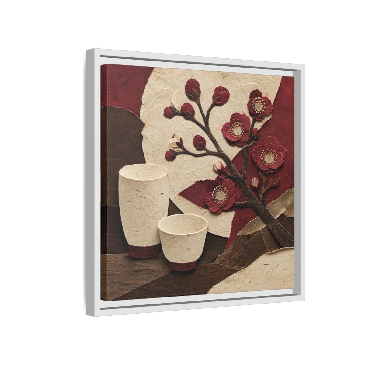 Side Mockup 13. Japanese Quince And Sake shown as framed canvas print