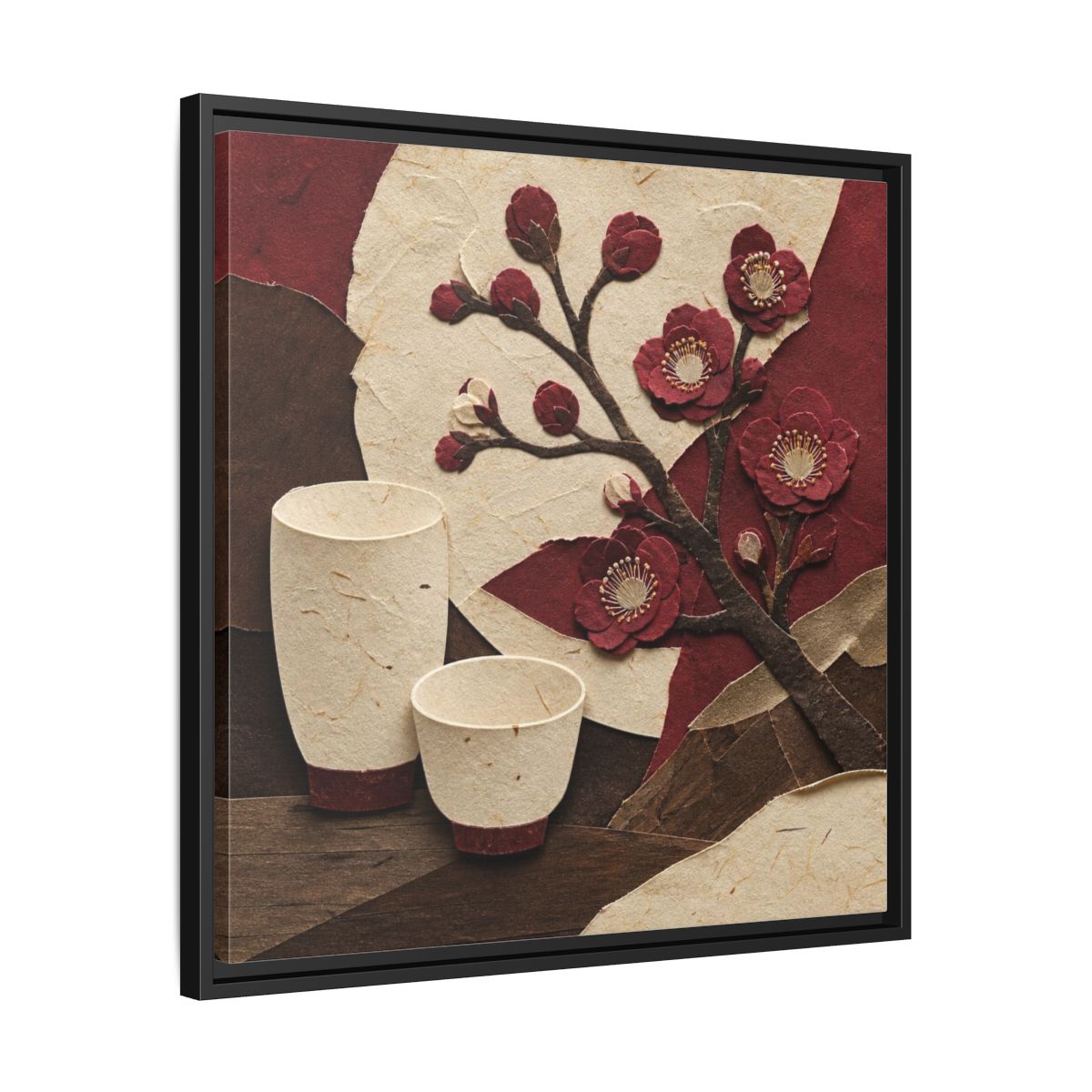 Side Mockup 31. Japanese Quince And Sake shown as framed canvas print