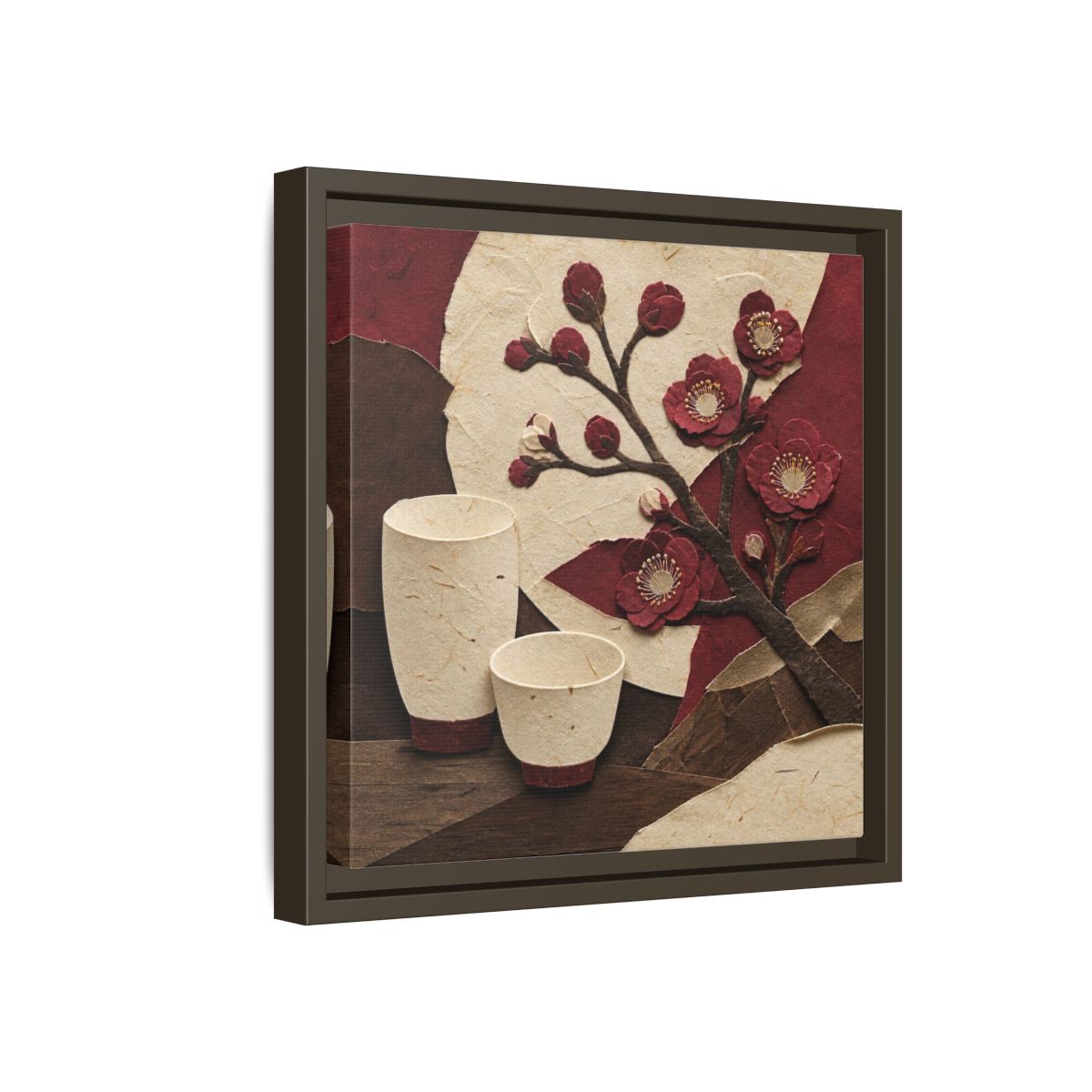 Side Mockup 17. Japanese Quince And Sake shown as framed canvas print