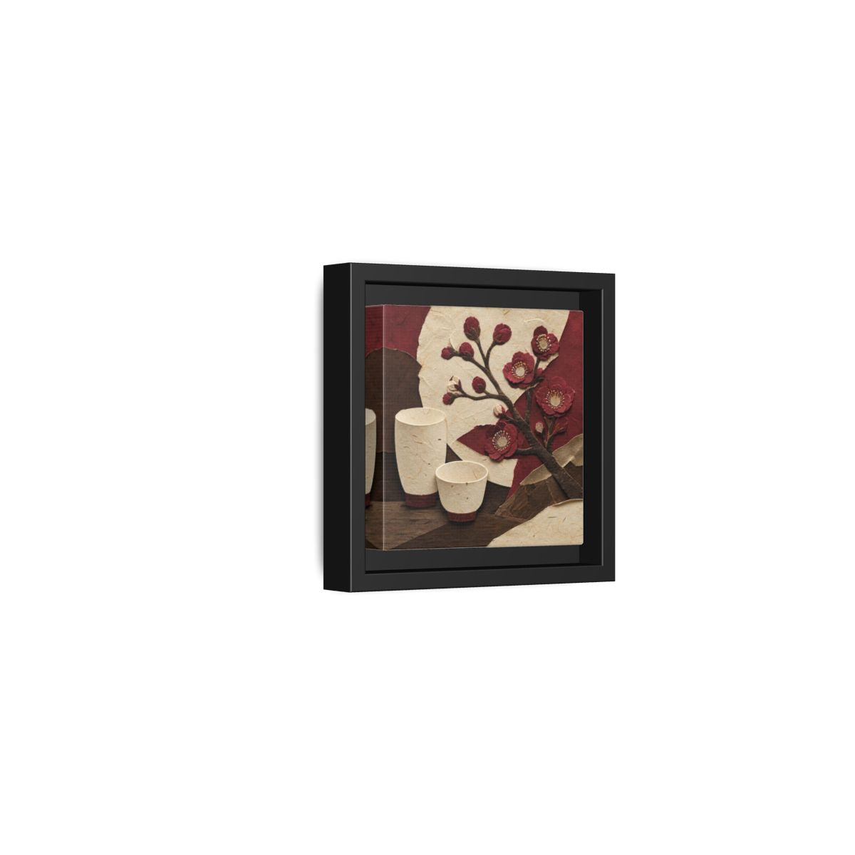 Side Mockup 24. Japanese Quince And Sake shown as framed canvas print