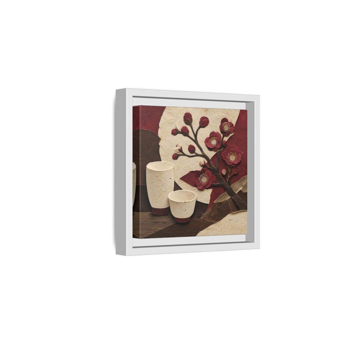 Side Mockup 1. Japanese Quince And Sake shown as framed canvas print