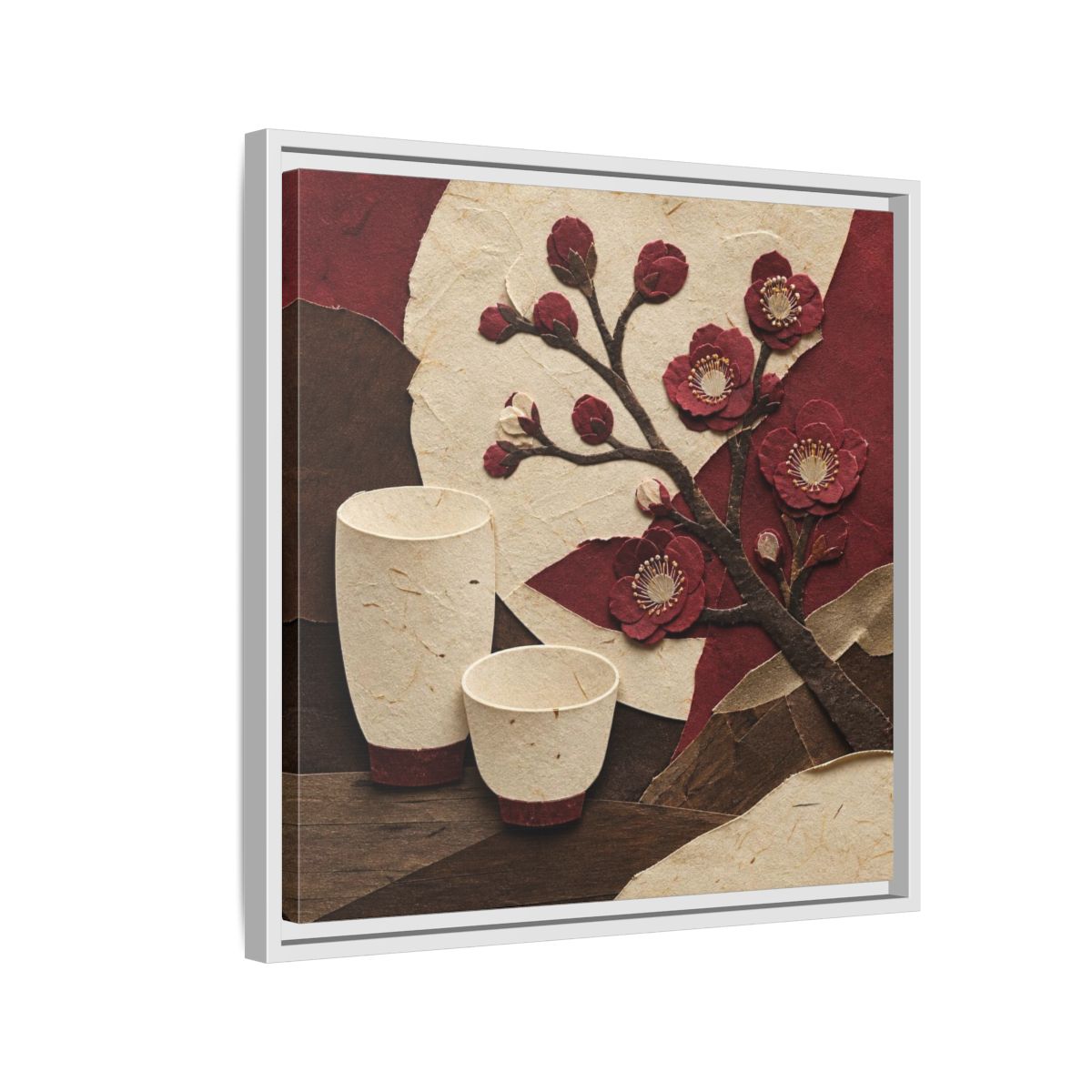Side Mockup 10. Japanese Quince And Sake shown as framed canvas print