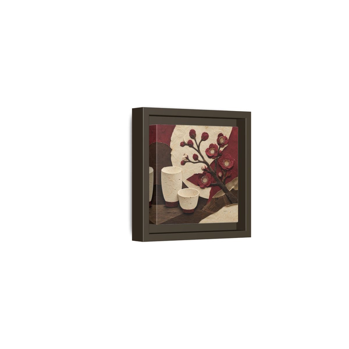 Side Mockup 23. Japanese Quince And Sake shown as framed canvas print