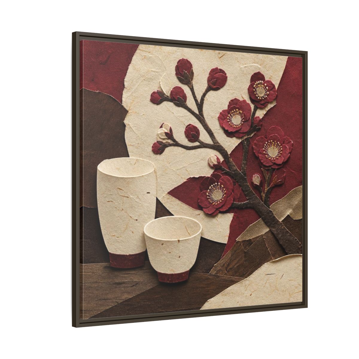 Side Mockup 5. Japanese Quince And Sake shown as framed canvas print