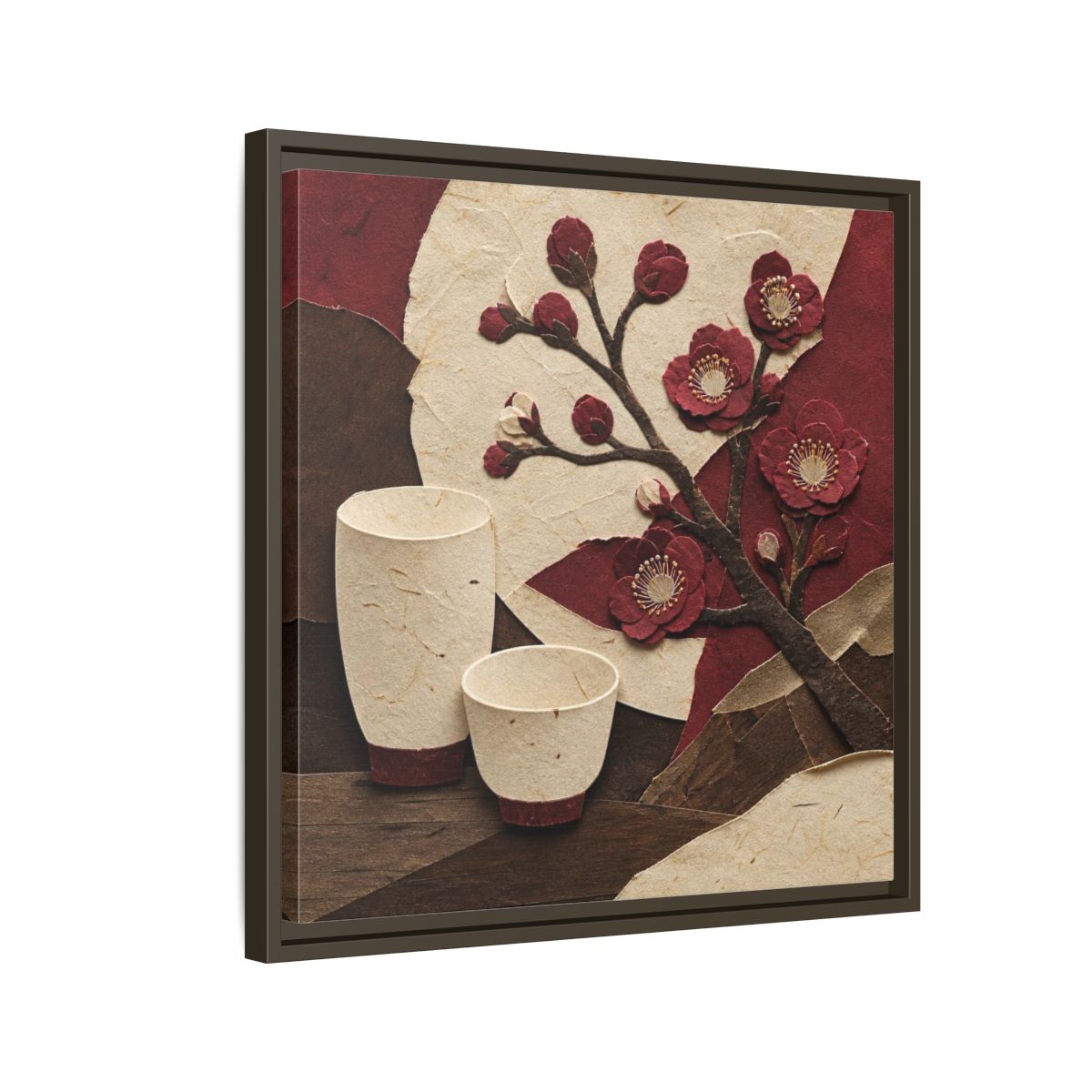 Side Mockup 11. Japanese Quince And Sake shown as framed canvas print
