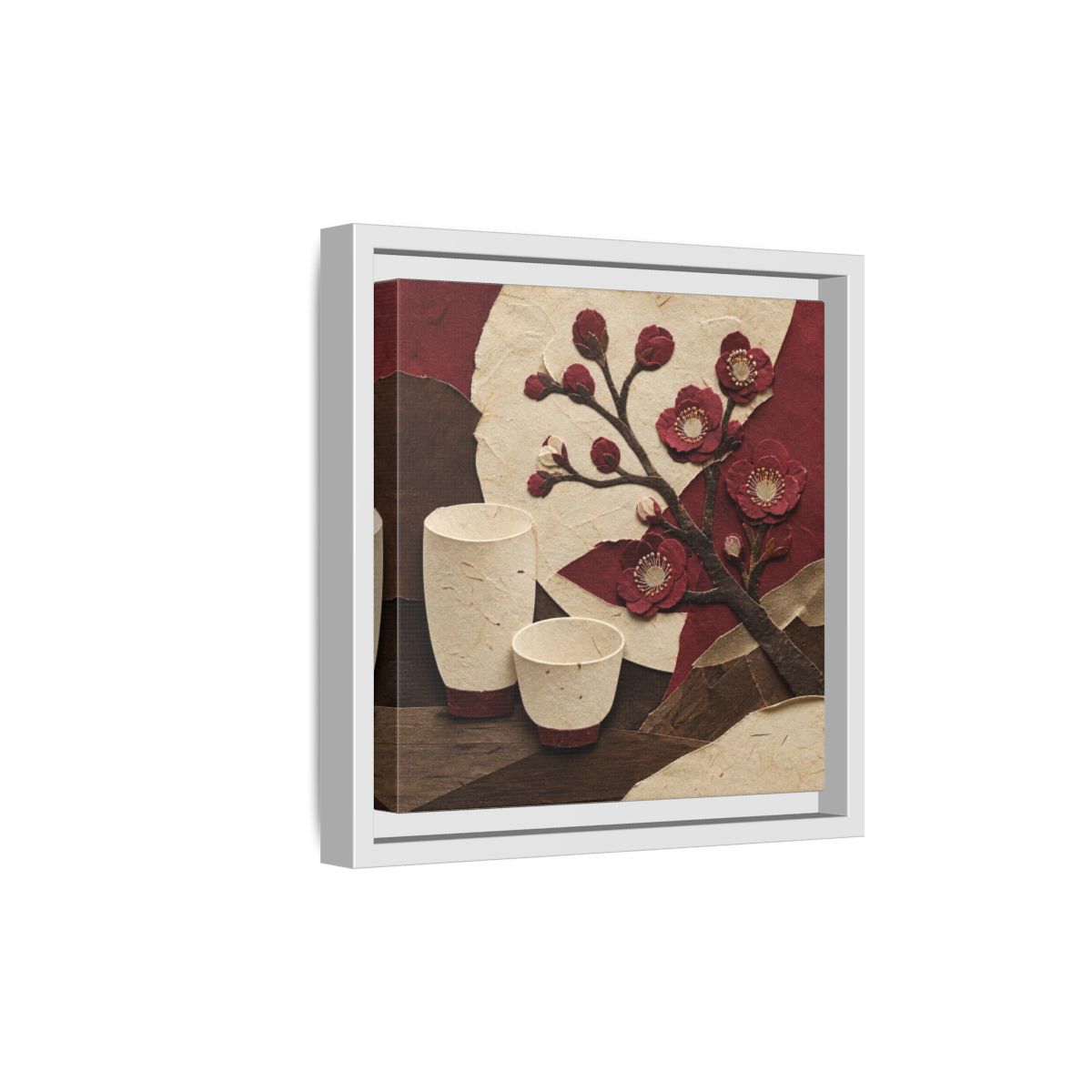 Side Mockup 19. Japanese Quince And Sake shown as framed canvas print