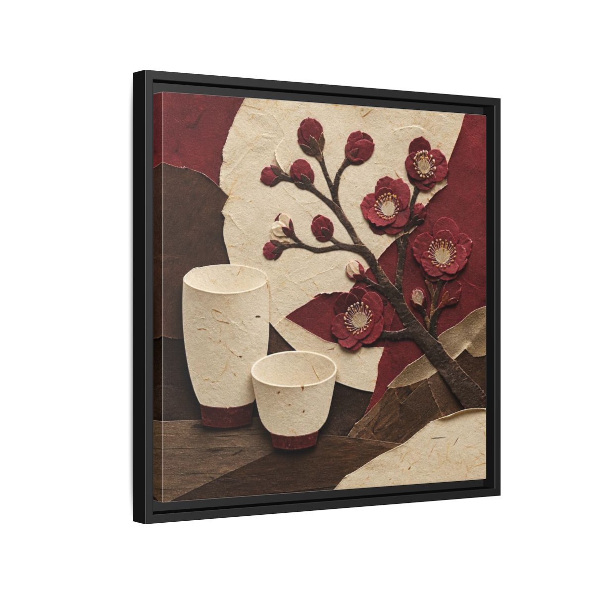 Side Mockup 12. Japanese Quince And Sake shown as framed canvas print