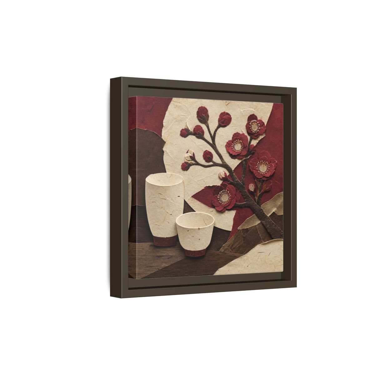 Side Mockup 20. Japanese Quince And Sake shown as framed canvas print
