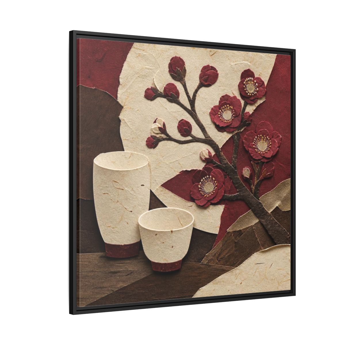 Side Mockup 6. Japanese Quince And Sake shown as framed canvas print