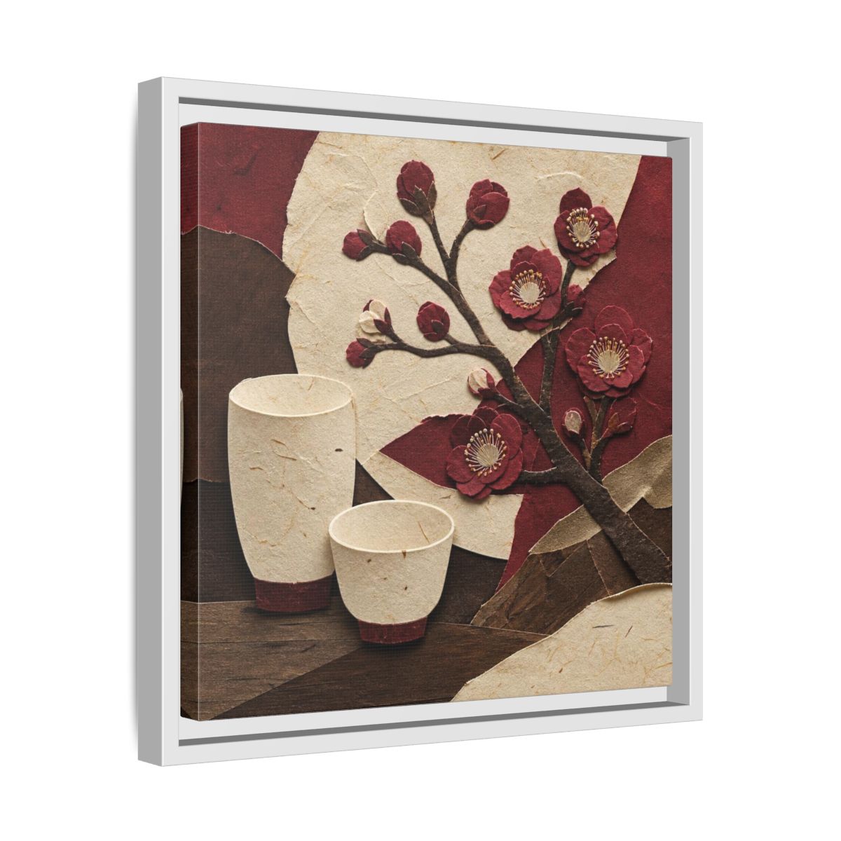 Side Mockup 28. Japanese Quince And Sake shown as framed canvas print