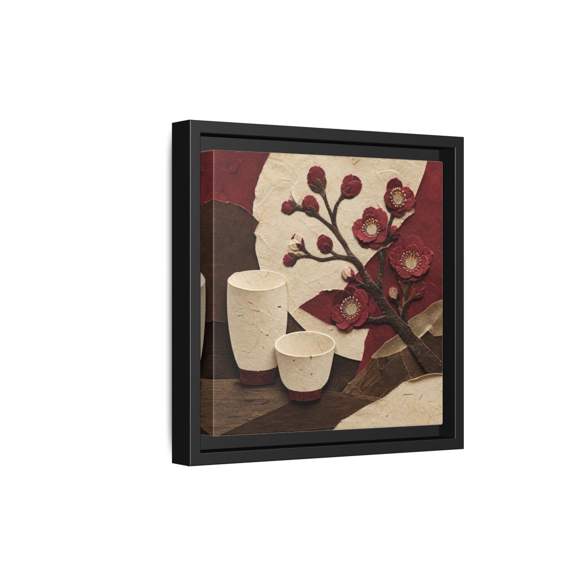 Side Mockup 21. Japanese Quince And Sake shown as framed canvas print