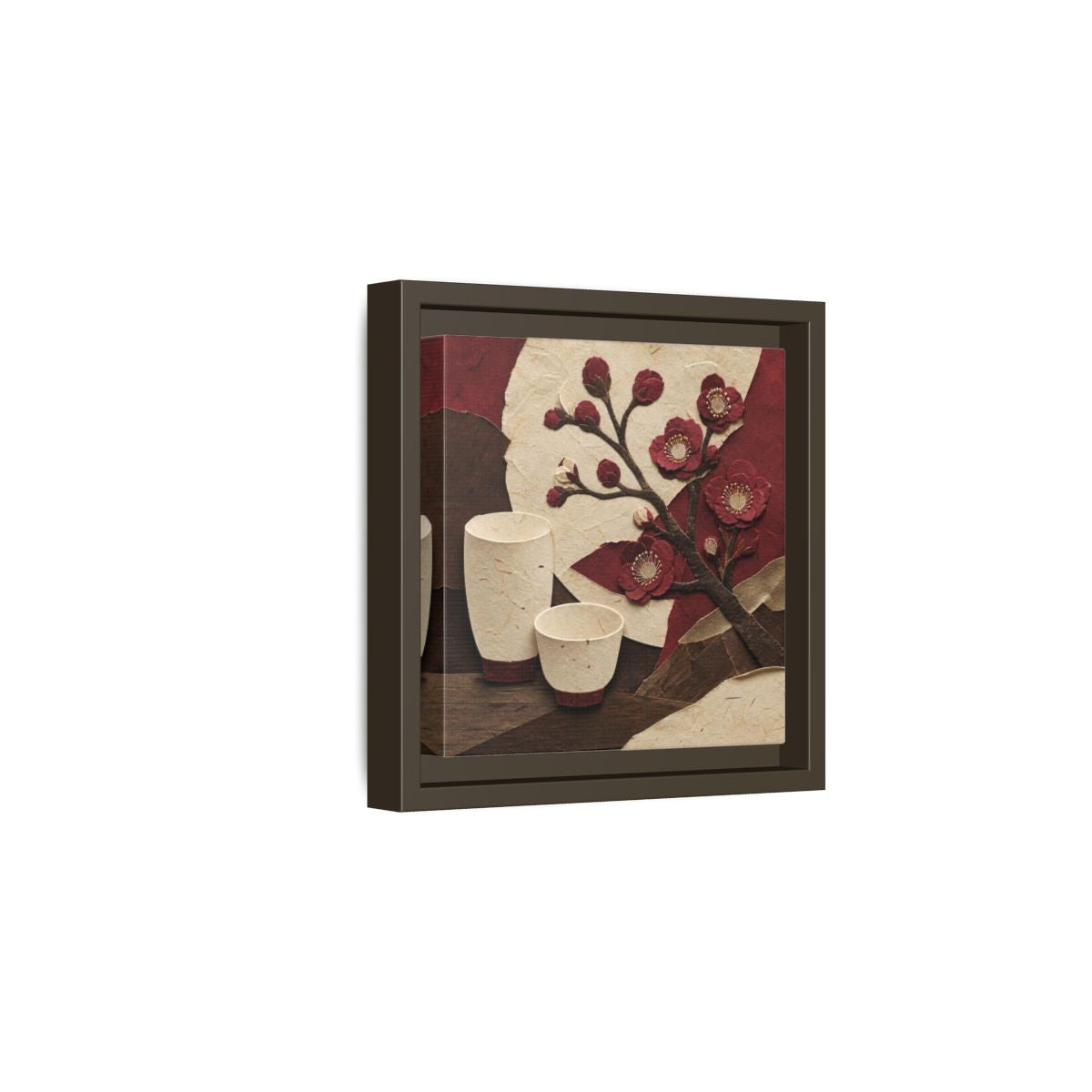 Side Mockup 2. Japanese Quince And Sake shown as framed canvas print
