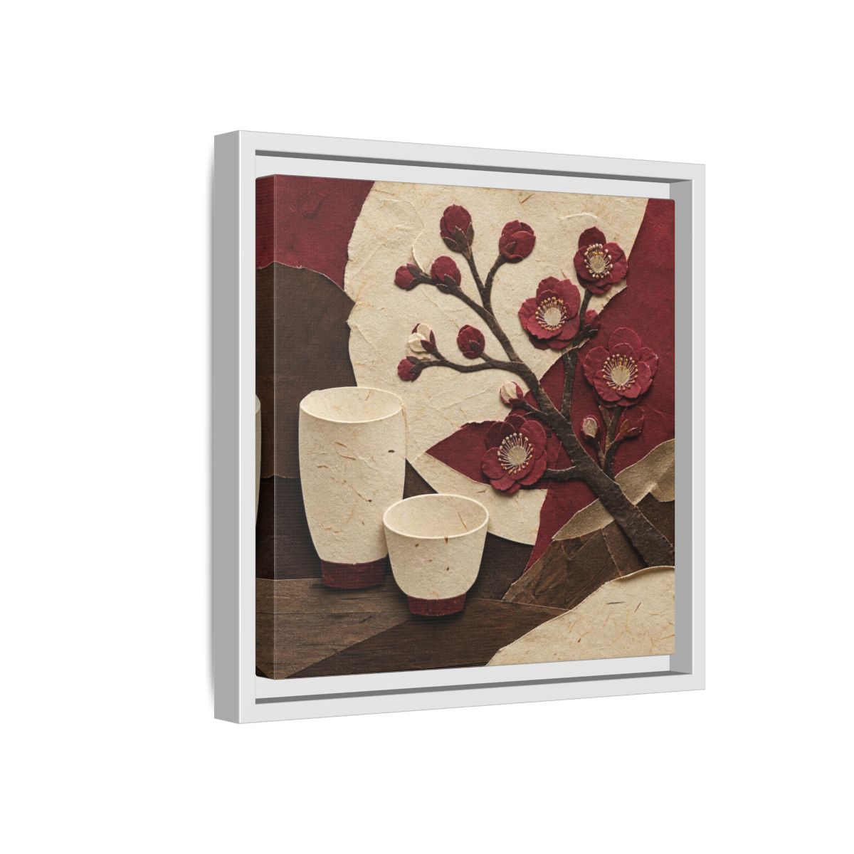 Side Mockup 16. Japanese Quince And Sake shown as framed canvas print