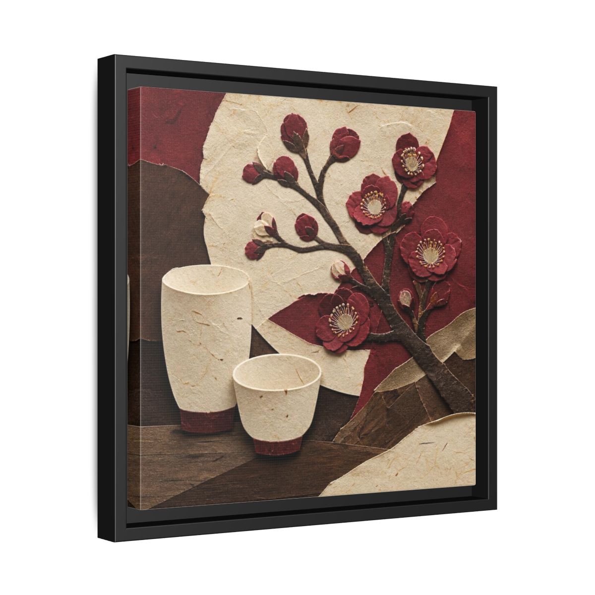 Side Mockup 32. Japanese Quince And Sake shown as framed canvas print