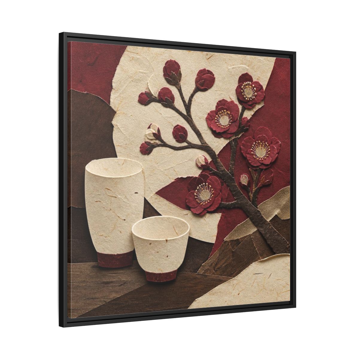 Side Mockup 30. Japanese Quince And Sake shown as framed canvas print