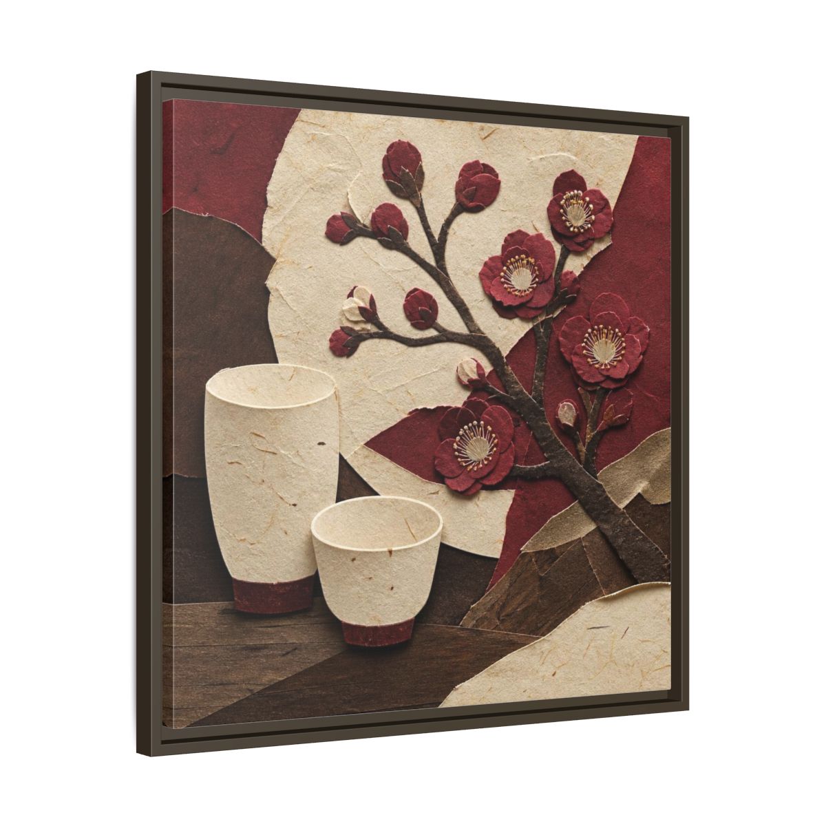 Side Mockup 27. Japanese Quince And Sake shown as framed canvas print