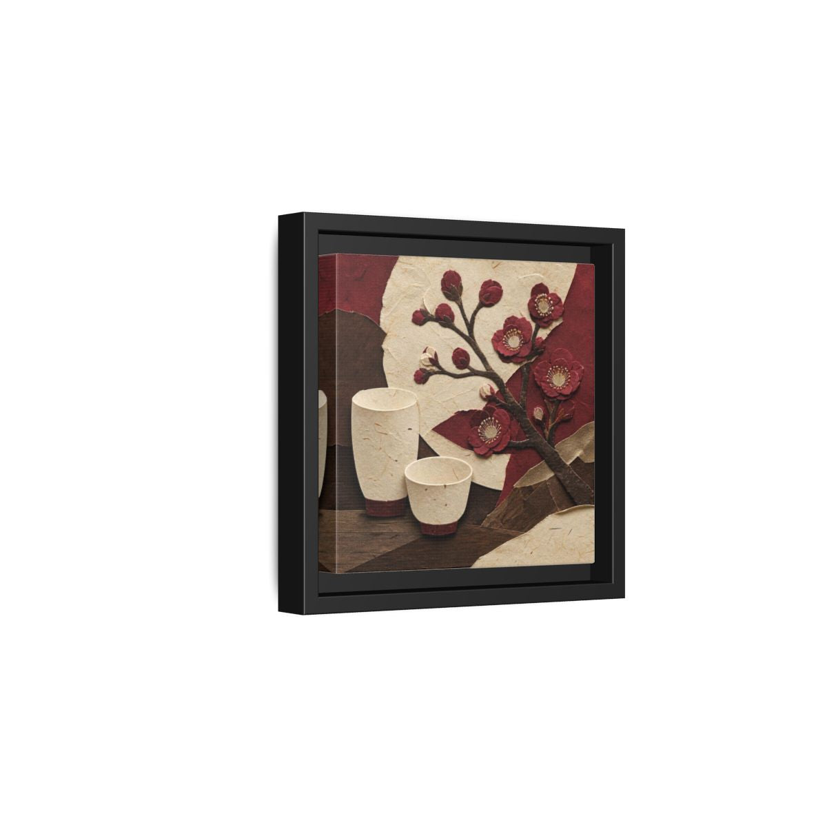 Side Mockup 3. Japanese Quince And Sake shown as framed canvas print