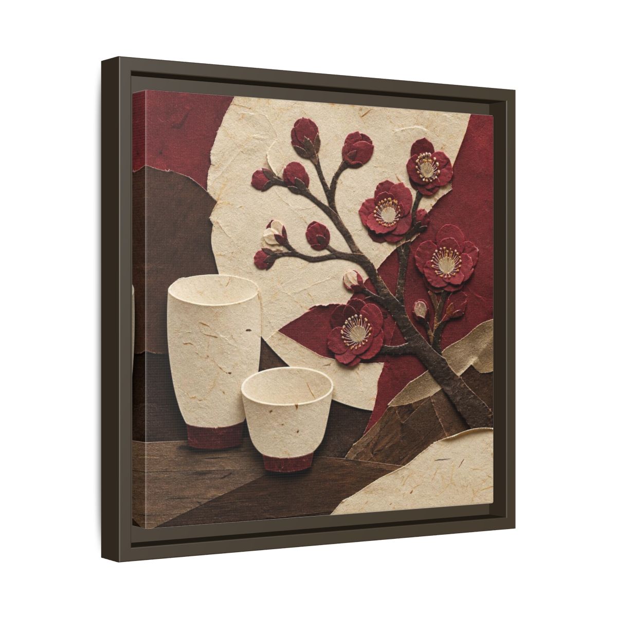 Side Mockup 29. Japanese Quince And Sake shown as framed canvas print