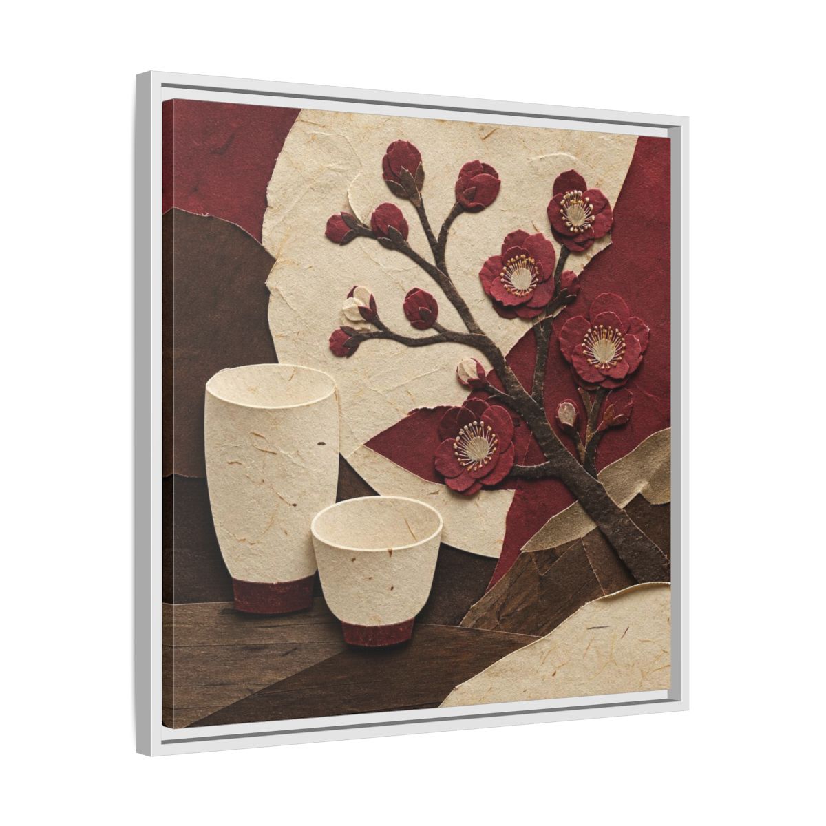 Side Mockup 26. Japanese Quince And Sake shown as framed canvas print